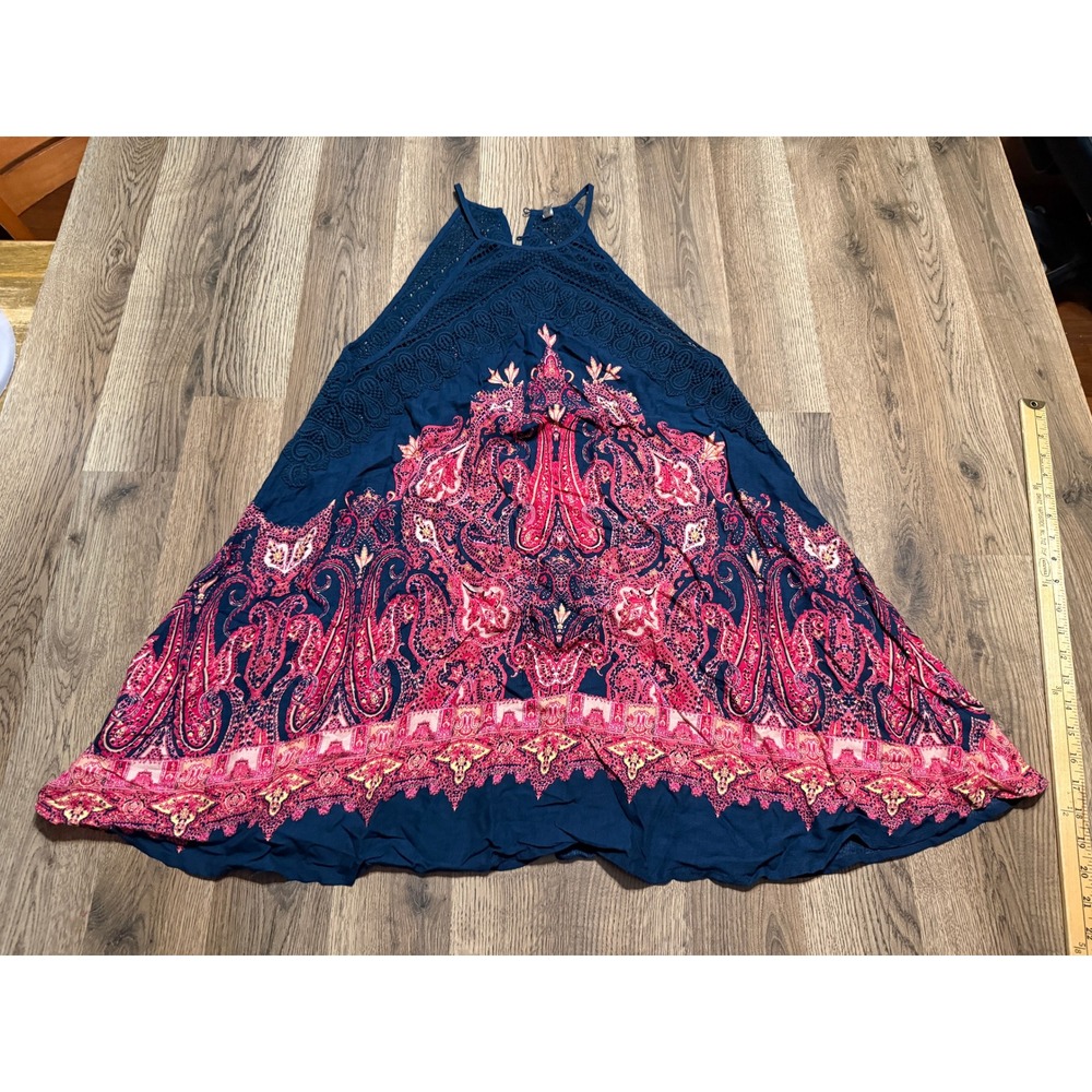 Free People Halter Top Womens Size S Navy Blue Paisley Tunic Crochet Lace Boho